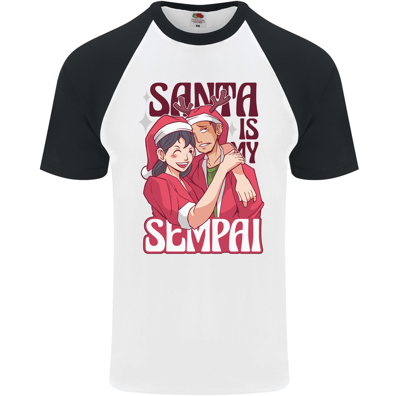 Santa is My Sempai Funny Anime Christmas Xmas Mens S/S Baseball T-Shirt White/Black