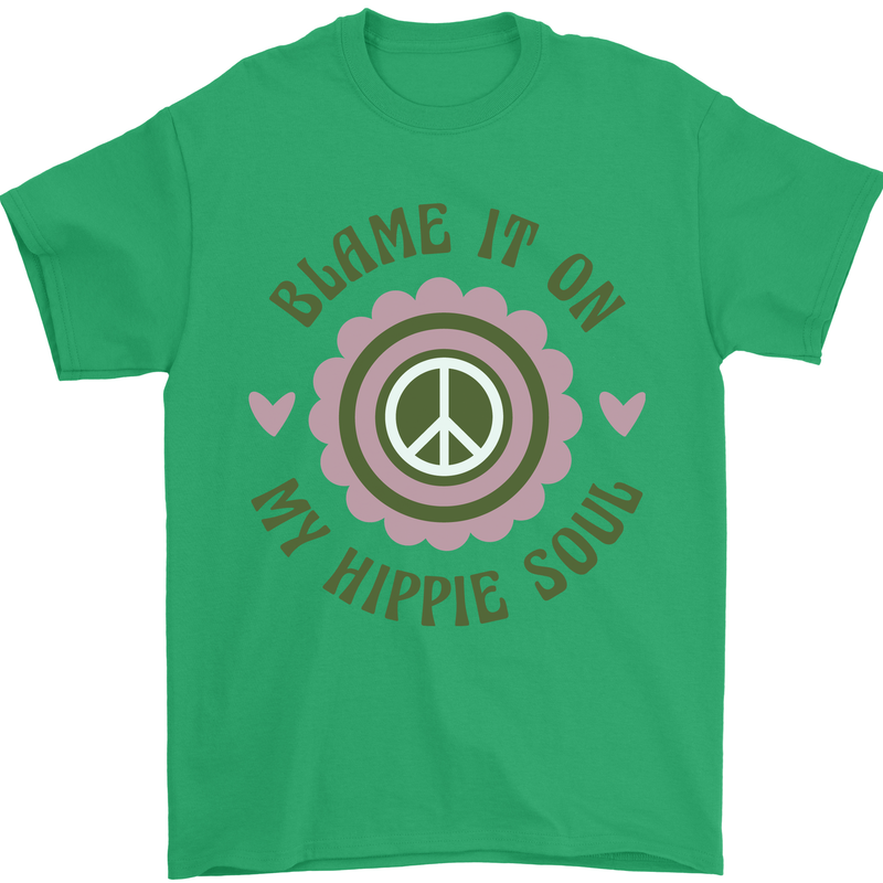 Blame It on My Hippy Soul 60s 70s Flower Power Mens T-Shirt 100% Cotton Irish Green
