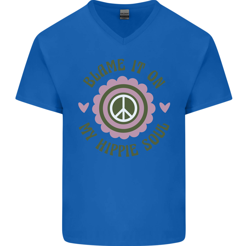 Blame It on My Hippy Soul 60s 70s Flower Power Mens V-Neck Cotton T-Shirt Royal Blue