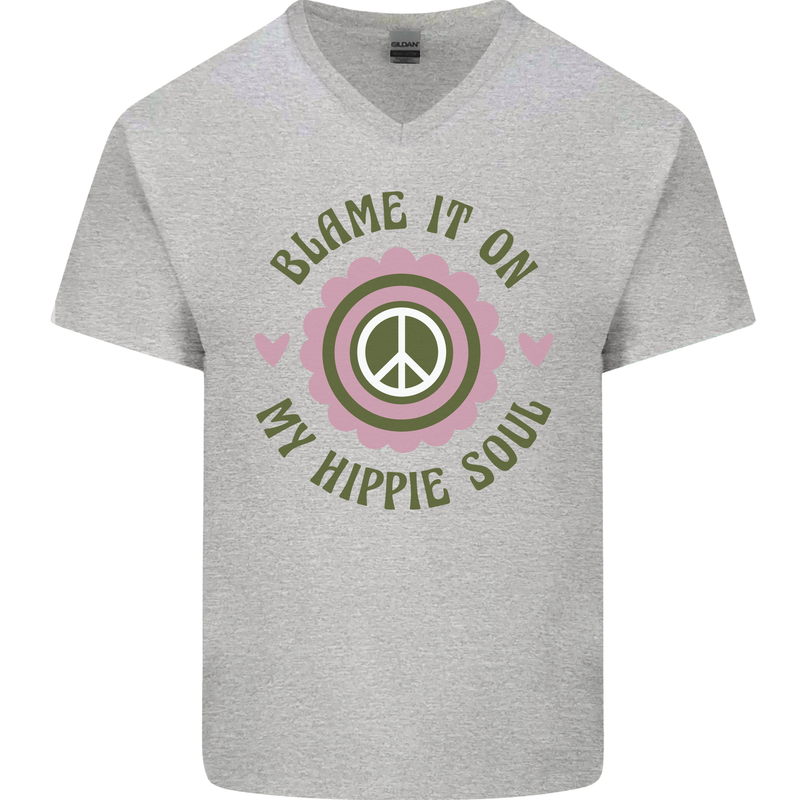 Blame It on My Hippy Soul 60s 70s Flower Power Mens V-Neck Cotton T-Shirt Sports Grey