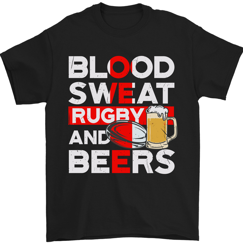 a black t - shirt that says blood sweat rugby and beers