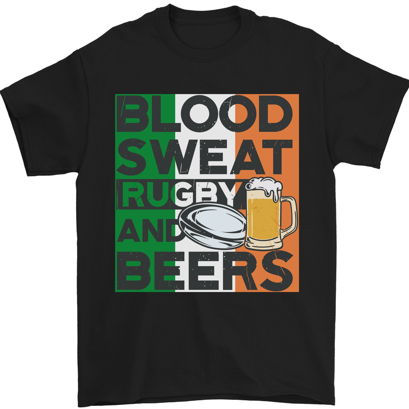 a black t - shirt that says blood sweat rugby and beers