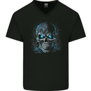 Blue Cosmic Skull Mens V-Neck Cotton T-Shirt Black