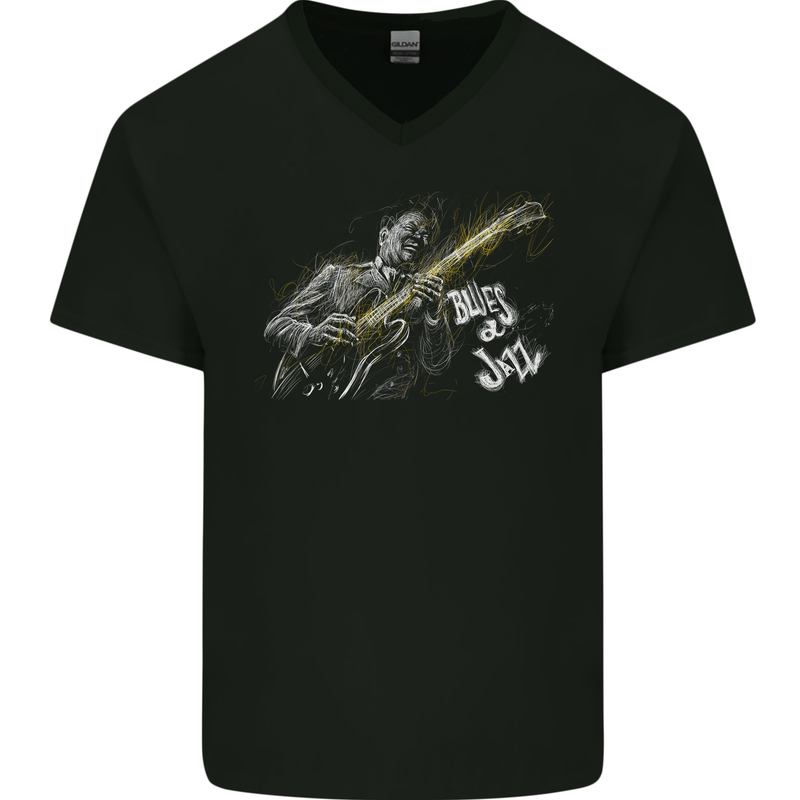 Blues n Jazz Guitar Player Mens V-Neck Cotton T-Shirt Black