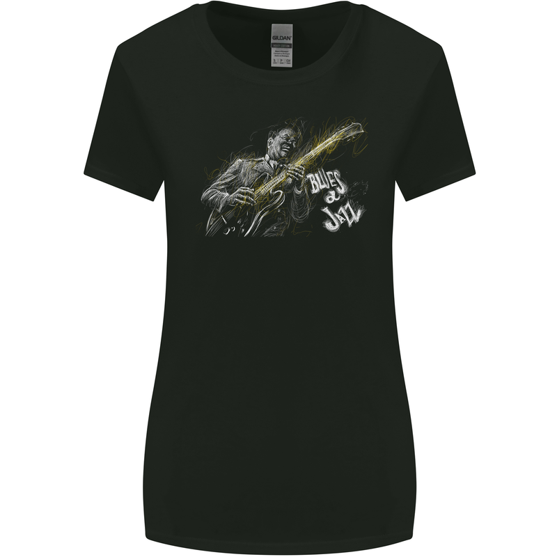 Blues n Jazz Guitar Player Womens Wider Cut T-Shirt Black