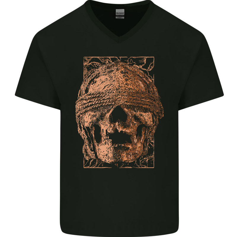 Bondage Skull Mens V-Neck Cotton T-Shirt Black