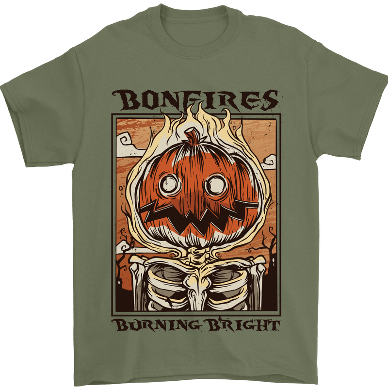 Bonfires Burning Halloween Guy Fawkes Night Mens T-Shirt 100% Cotton Military Green
