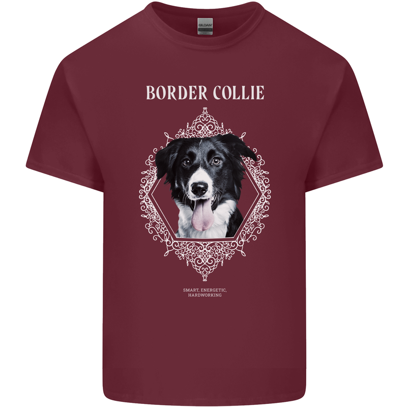 Border Collie Dog in a Frame Mens Cotton T-Shirt Tee Top Maroon