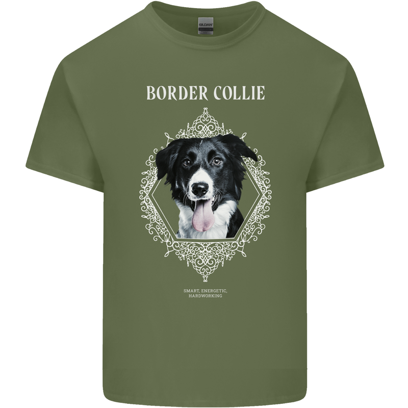 Border Collie Dog in a Frame Mens Cotton T-Shirt Tee Top Military Green
