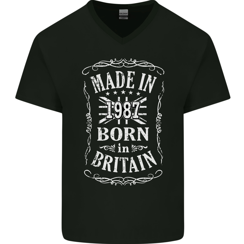 Born In Britain 36th Birthday Made 1987 Mens V-Neck Cotton T-Shirt Black