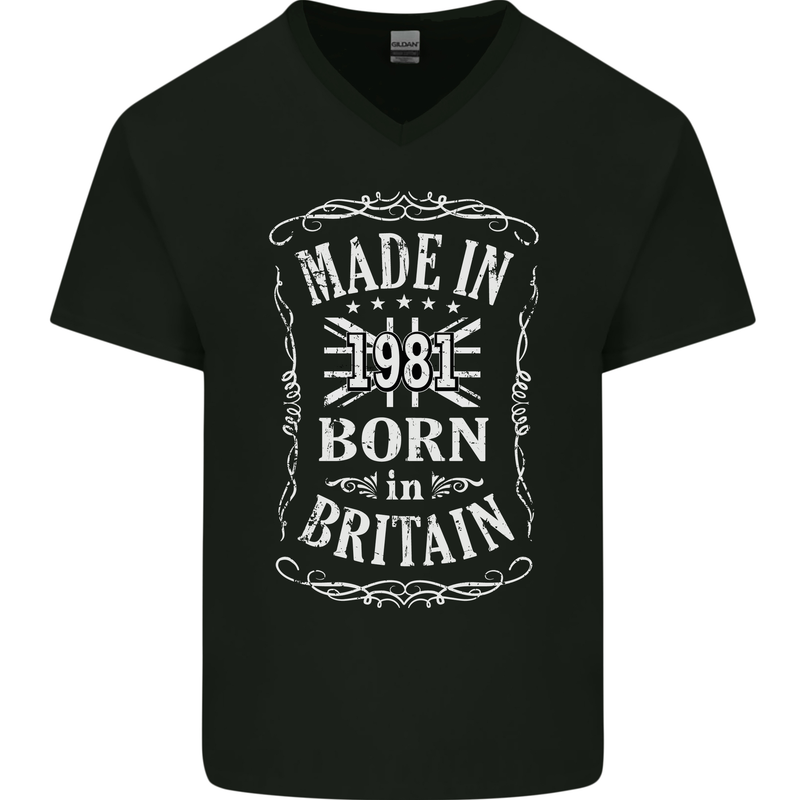 Born In Britain 42nd Birthday Made 1981 Mens V-Neck Cotton T-Shirt Black