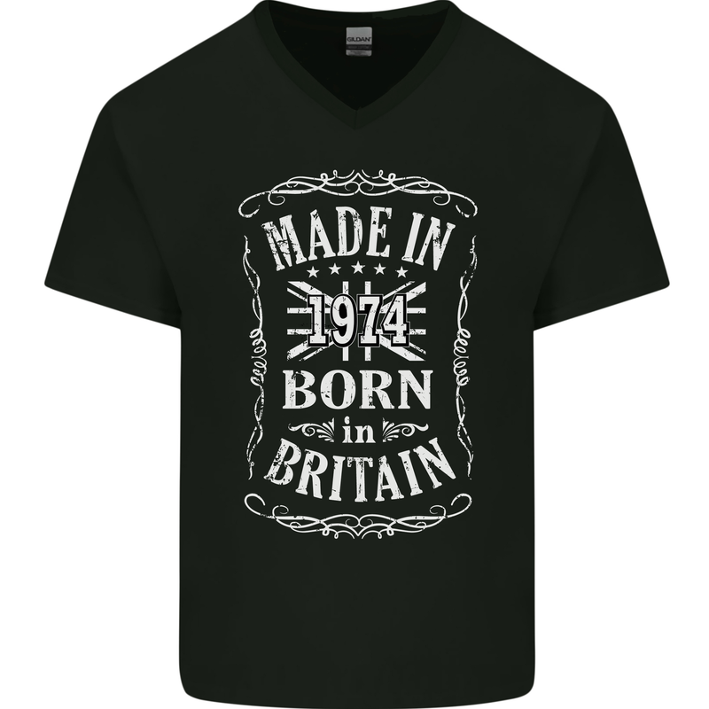Born In Britain 49th Birthday Made 1974 Mens V-Neck Cotton T-Shirt Black