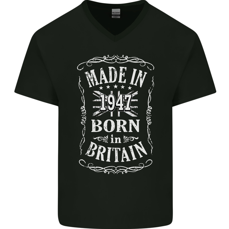 Born In Britain 76th Birthday Made 1947 Mens V-Neck Cotton T-Shirt Black