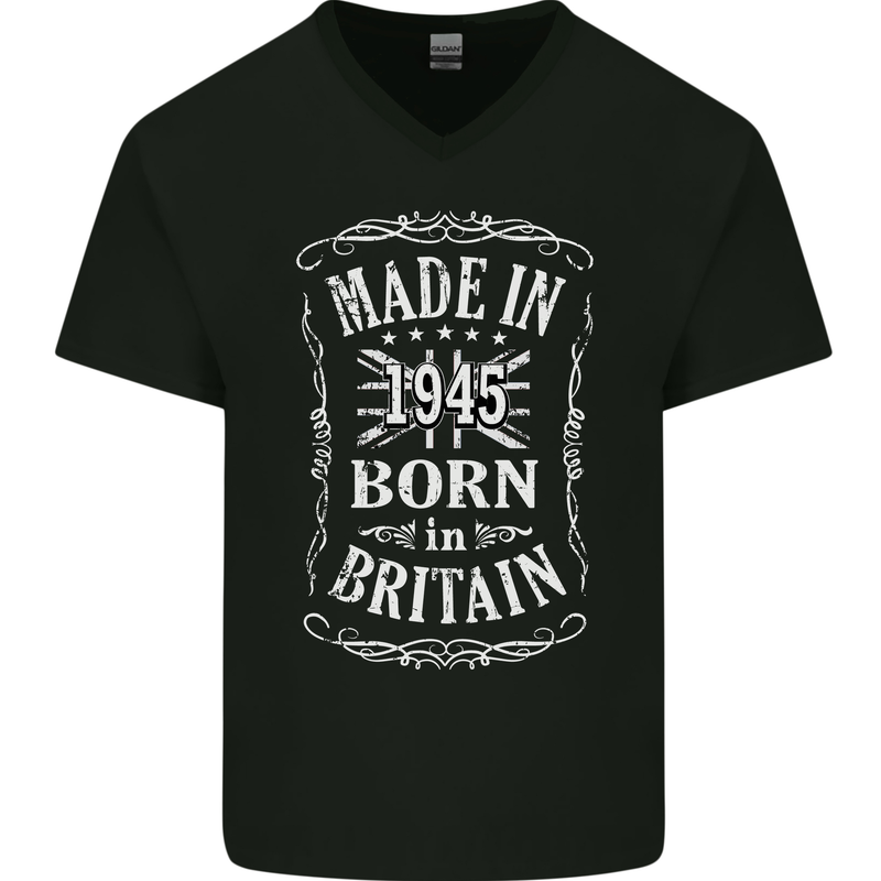 Born In Britain 78th Birthday Made 1945 Mens V-Neck Cotton T-Shirt Black