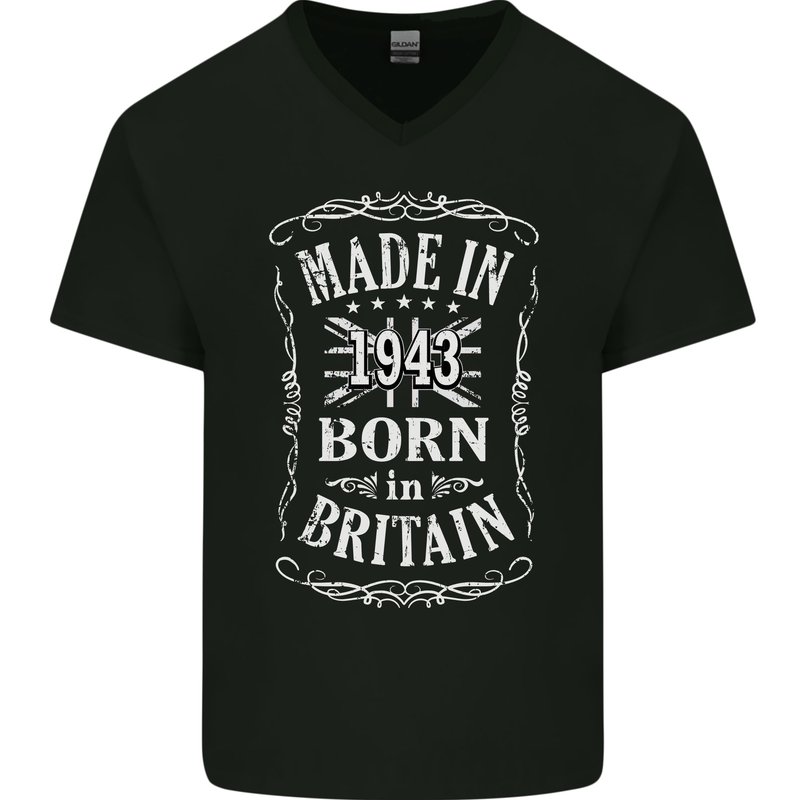 Born In Britain 80th Birthday Made 1943 Mens V-Neck Cotton T-Shirt Black