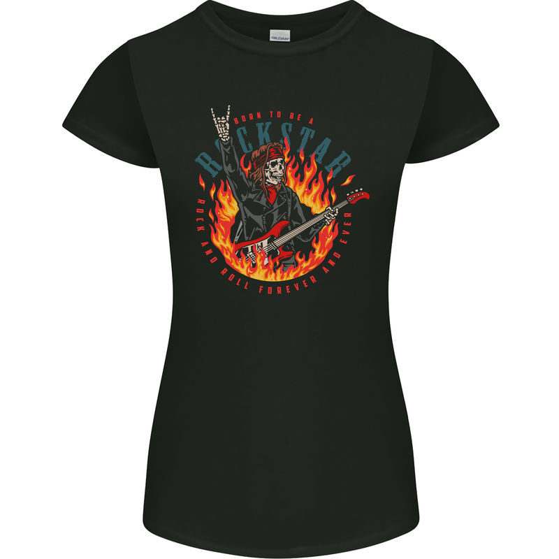 Born to Be a Rock Star Guitar Skull n Roll Womens Petite Cut T-Shirt Black