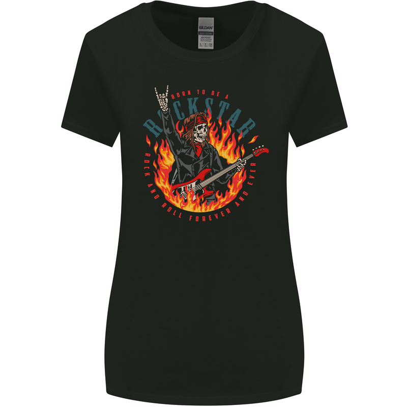Born to Be a Rock Star Guitar Skull n Roll Womens Wider Cut T-Shirt Black