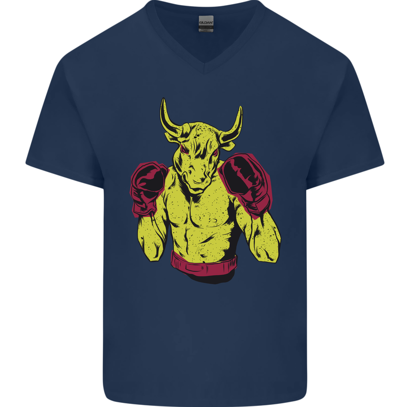 Boxing Bull Muay MMA Thai Boxer Mens V-Neck Cotton T-Shirt Navy Blue