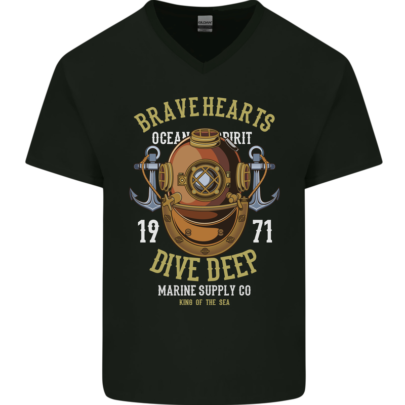 Brave Hearts Dive Deep Scuba Diving Diver Mens V-Neck Cotton T-Shirt Black