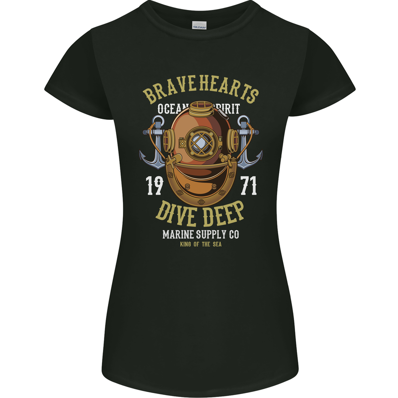 Brave Hearts Dive Deep Scuba Diving Diver Womens Petite Cut T-Shirt Black
