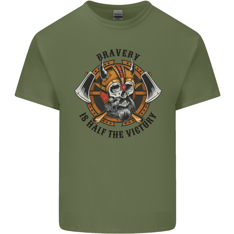Bravery is Half of the Victory Viking Skull Mens Cotton T-Shirt Tee Top Military Green