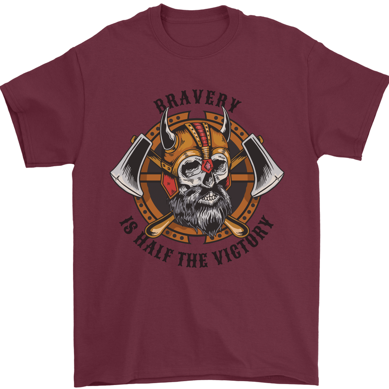 Bravery is Half of the Victory Viking Skull Mens T-Shirt 100% Cotton Maroon
