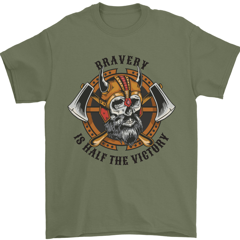 Bravery is Half of the Victory Viking Skull Mens T-Shirt 100% Cotton Military Green