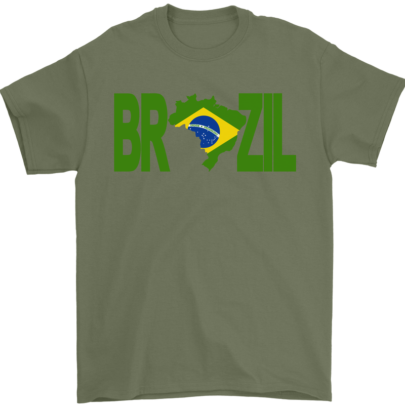Brazil Football Brazilian Soccer Flag Mens T-Shirt 100% Cotton Military Green