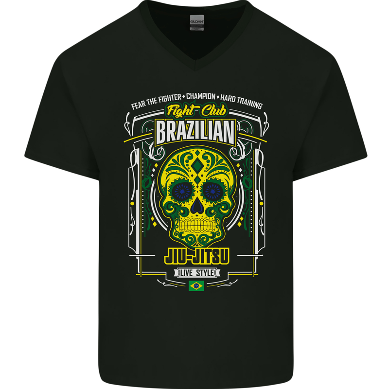 Brazilian Jiu Jitsu Skull MMA Martial Arts Mens V-Neck Cotton T-Shirt Black