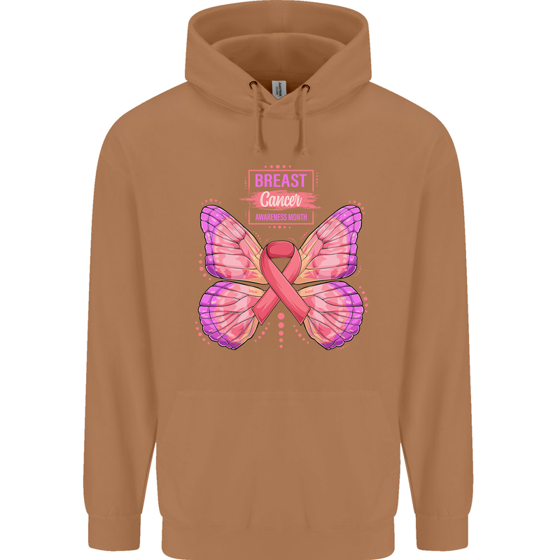 Breast Cancer Awareness Month Butterfly Mens 80% Cotton Hoodie Caramel Latte