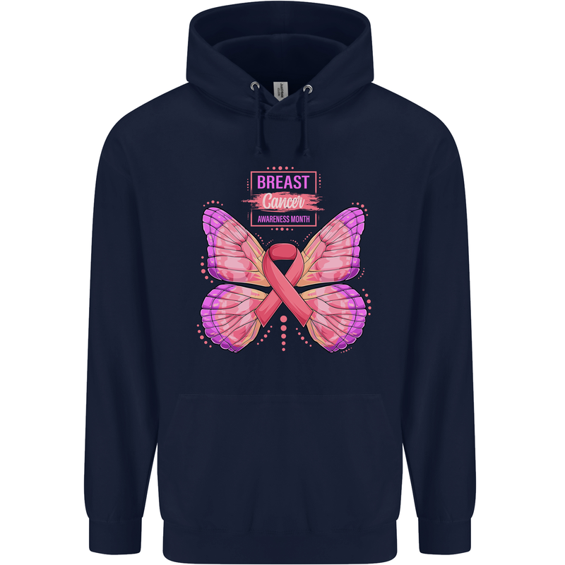 Breast Cancer Awareness Month Butterfly Mens 80% Cotton Hoodie Navy Blue