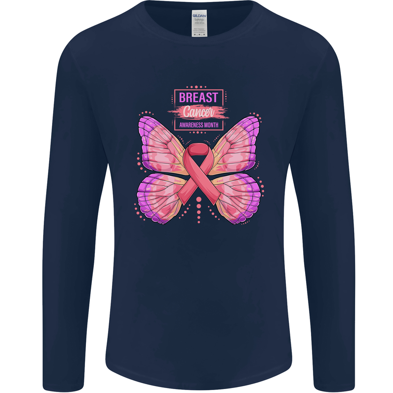 Breast Cancer Awareness Month Butterfly Mens Long Sleeve T-Shirt Navy Blue