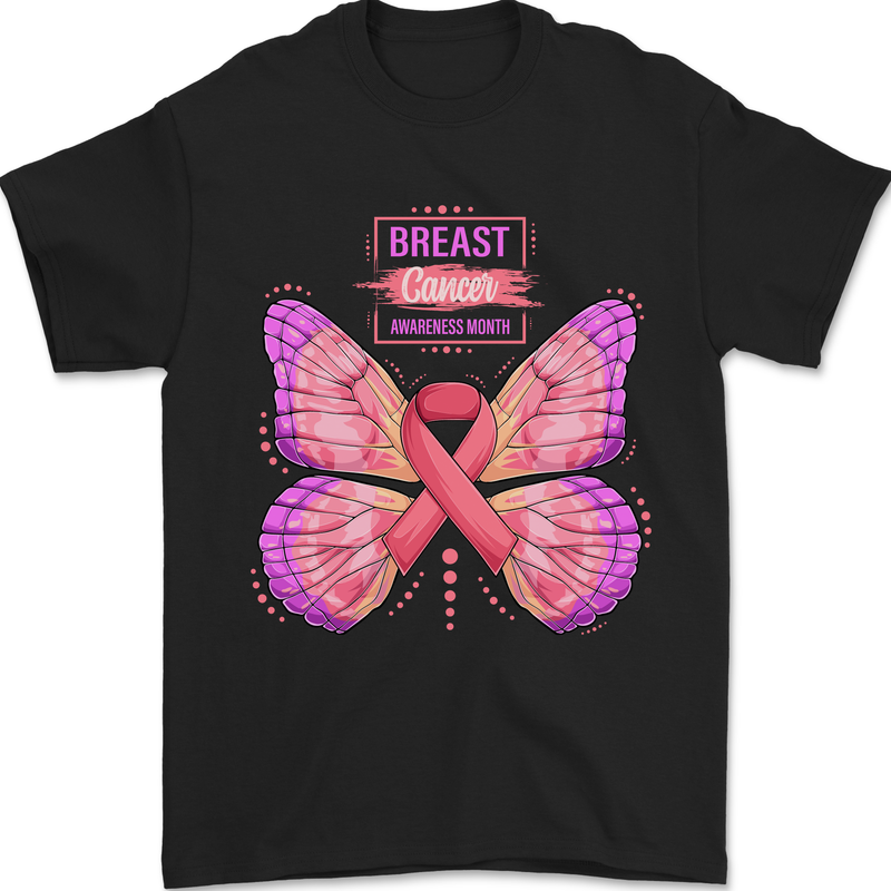 Breast Cancer Awareness Month Butterfly Mens T-Shirt 100% Cotton Black
