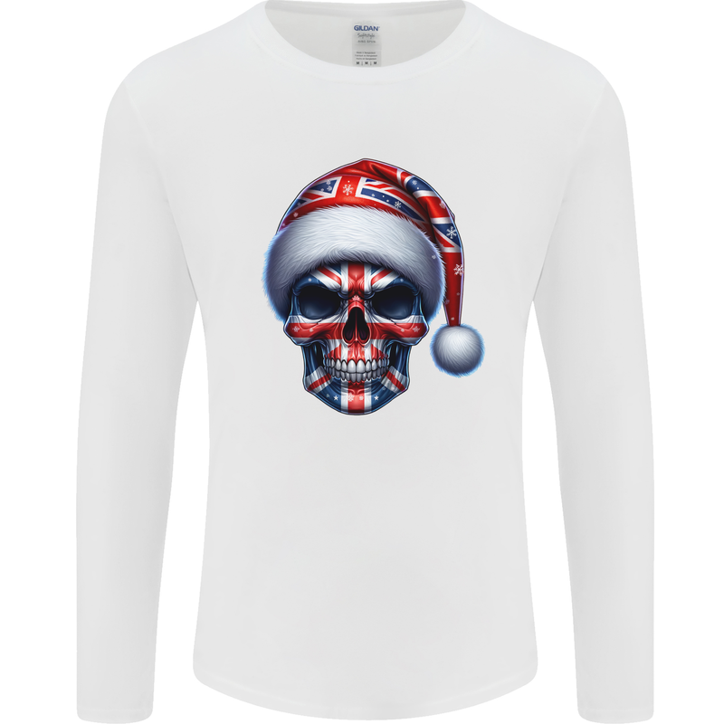 Britain Christmas Skull British UK Flag Union Jack Mens Long Sleeve T-Shirt White