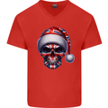 Britain Christmas Skull British UK Flag Union Jack Mens V-Neck Cotton T-Shirt Red