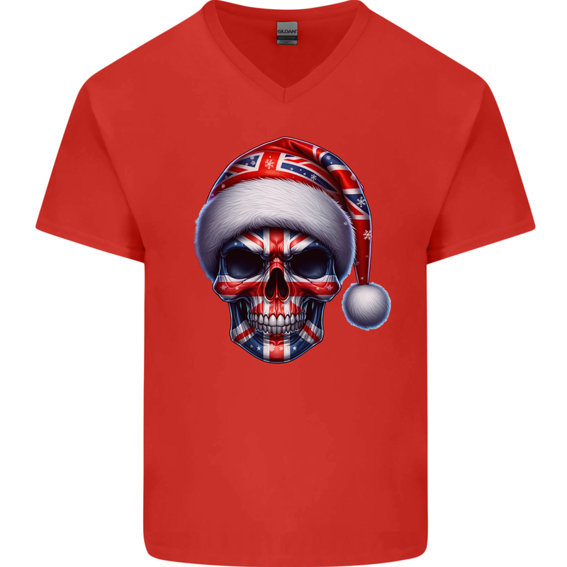 Britain Christmas Skull British UK Flag Union Jack Mens V-Neck Cotton T-Shirt Red