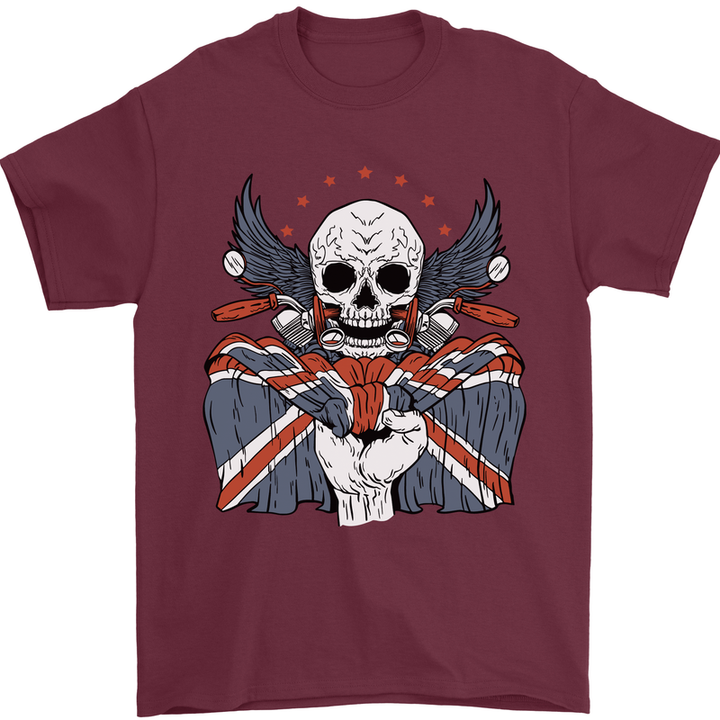 British Biker Skull Motorcycle Motorbike Flag Mens T-Shirt 100% Cotton Maroon