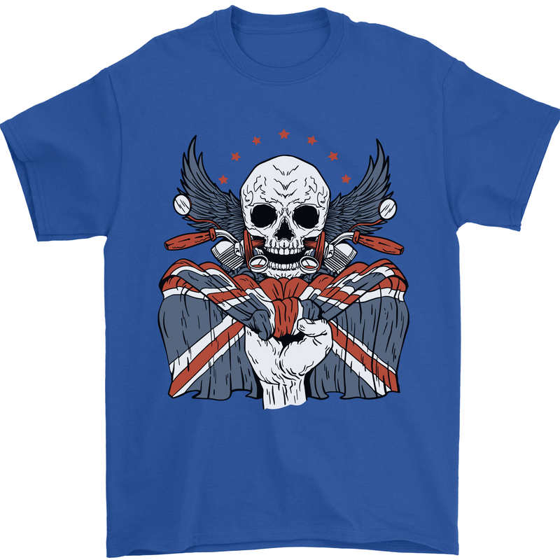 British Biker Skull Motorcycle Motorbike Flag Mens T-Shirt 100% Cotton Royal Blue