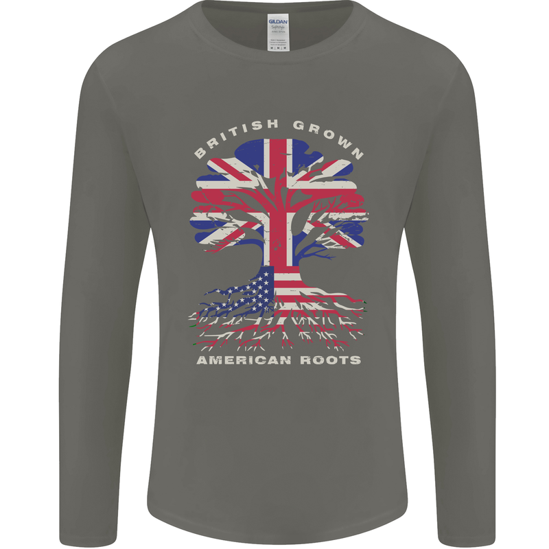 British Grown American Roots USA Flag Mens Long Sleeve T-Shirt Charcoal
