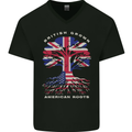 British Grown American Roots USA Flag Mens V-Neck Cotton T-Shirt Black