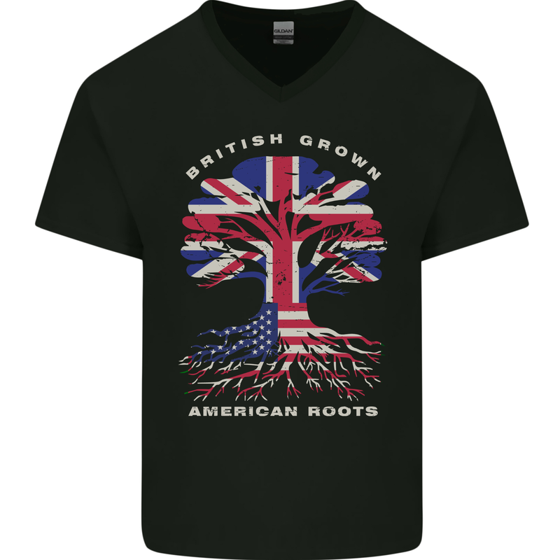 British Grown American Roots USA Flag Mens V-Neck Cotton T-Shirt Black