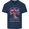British Grown American Roots USA Flag Mens V-Neck Cotton T-Shirt Navy Blue