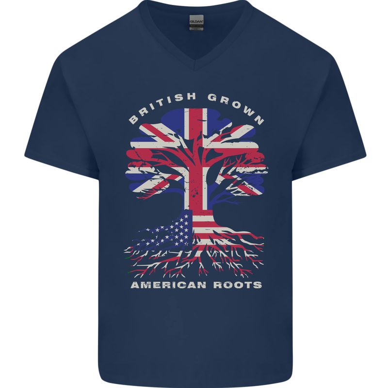 British Grown American Roots USA Flag Mens V-Neck Cotton T-Shirt Navy Blue
