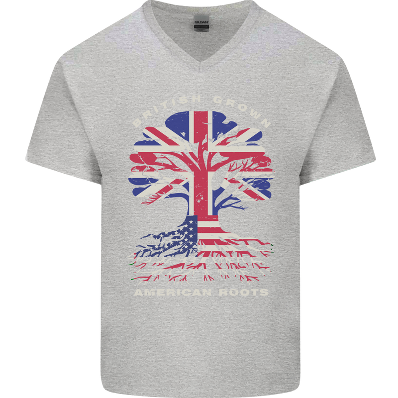 British Grown American Roots USA Flag Mens V-Neck Cotton T-Shirt Sports Grey
