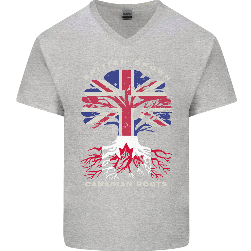 British Grown Canadian Roots Canada Flag Mens V-Neck Cotton T-Shirt Sports Grey