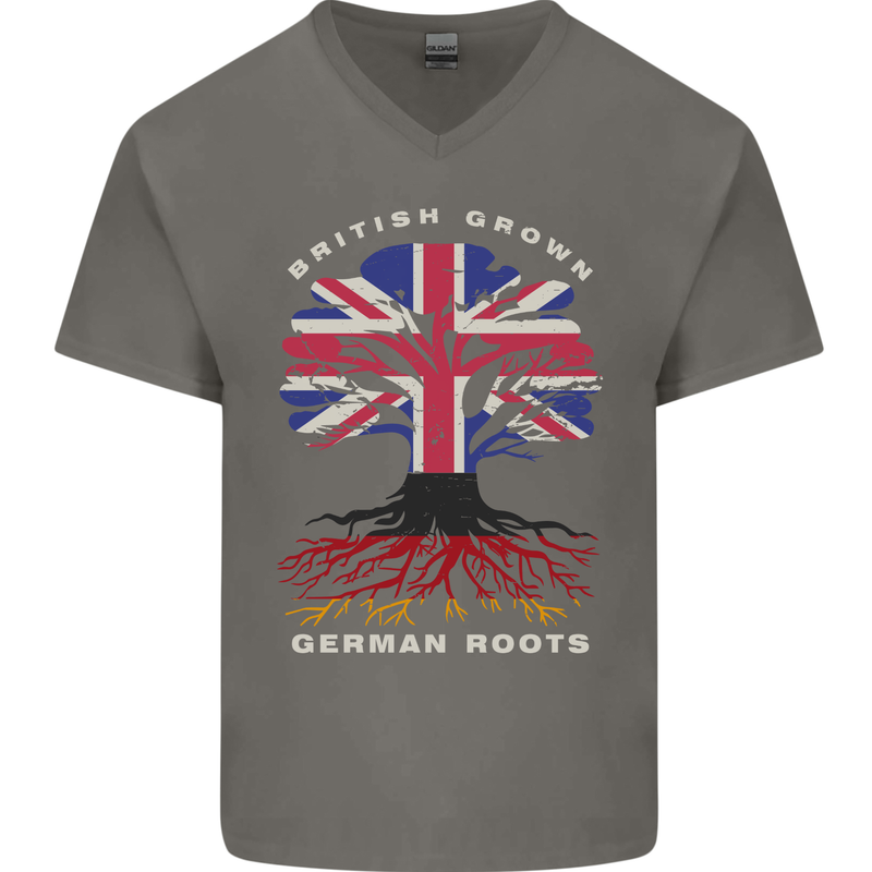British Grown German Roots Germany Flag Mens V-Neck Cotton T-Shirt Charcoal
