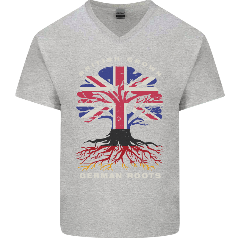 British Grown German Roots Germany Flag Mens V-Neck Cotton T-Shirt Sports Grey