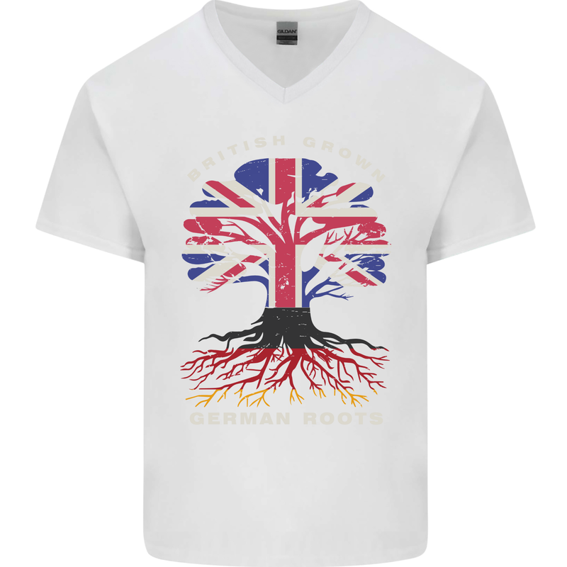 British Grown German Roots Germany Flag Mens V-Neck Cotton T-Shirt White