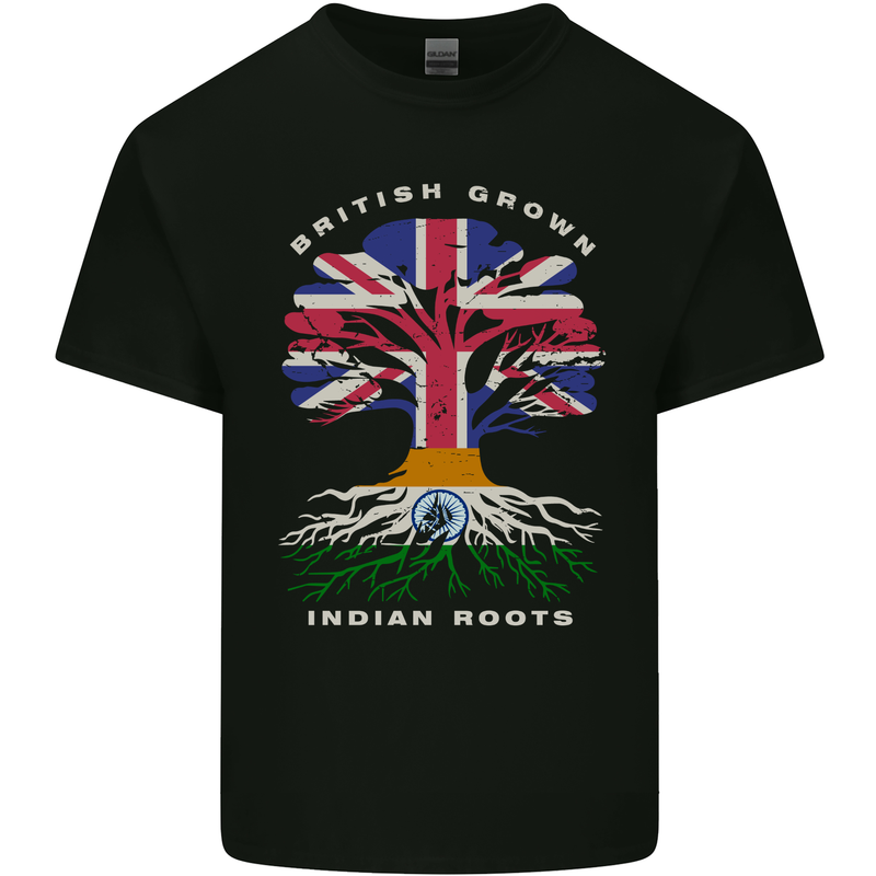 British Grown Indian Roots India Flag Mens Cotton T-Shirt Tee Top Black