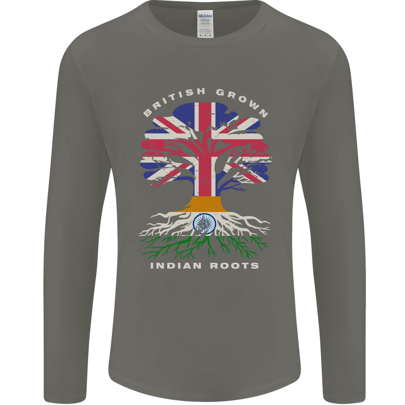 British Grown Indian Roots India Flag Mens Long Sleeve T-Shirt Charcoal